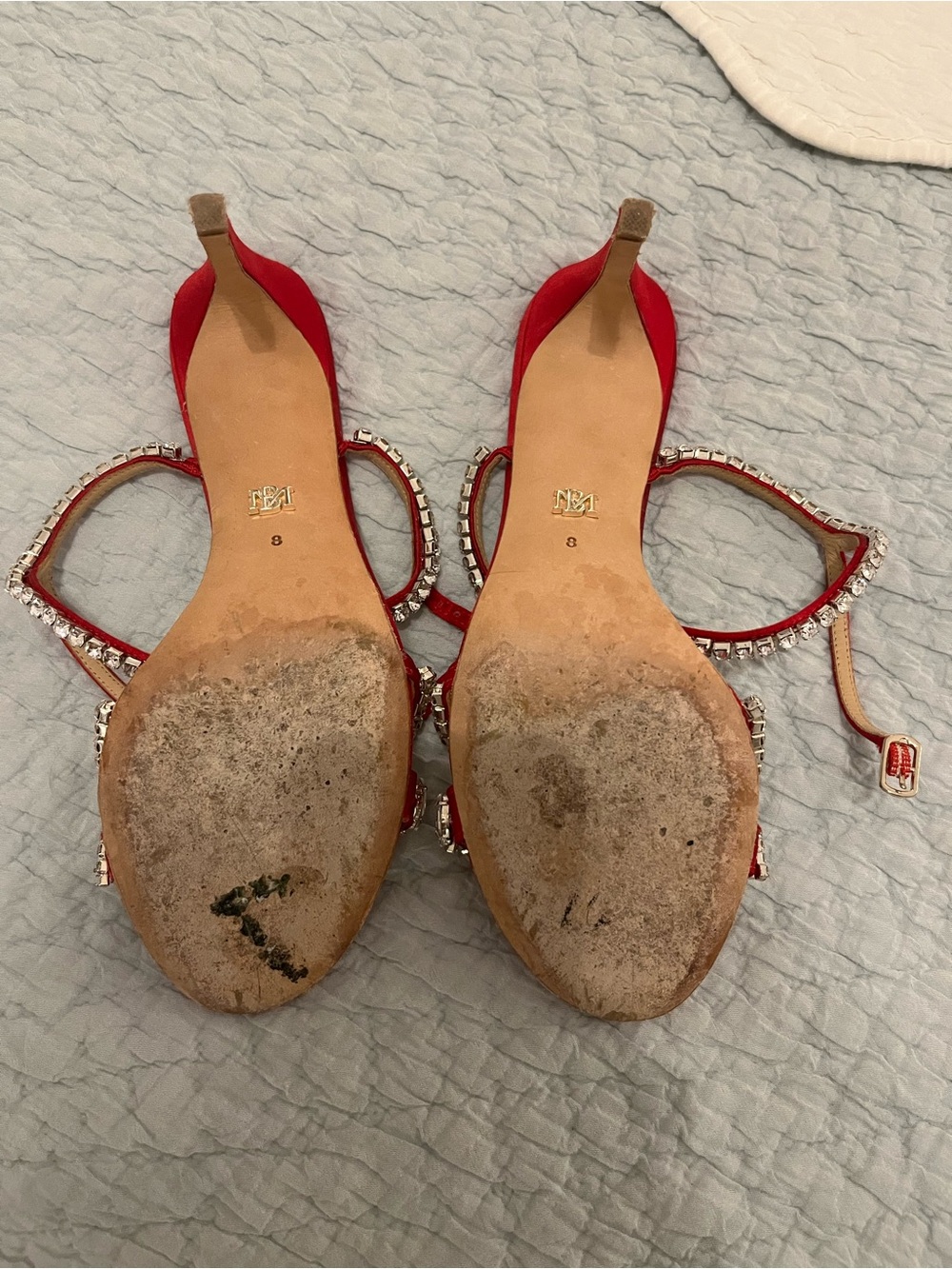Badgley Mischka Red Crystal Fringe Satin Heels - Picture 3 of 3